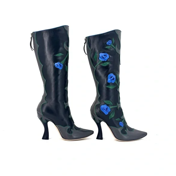 NEW Miu Miu SS 2012 Runway Rose Applique Western Pointed Toe Knee High Boots 37 - Picture 7 of 11